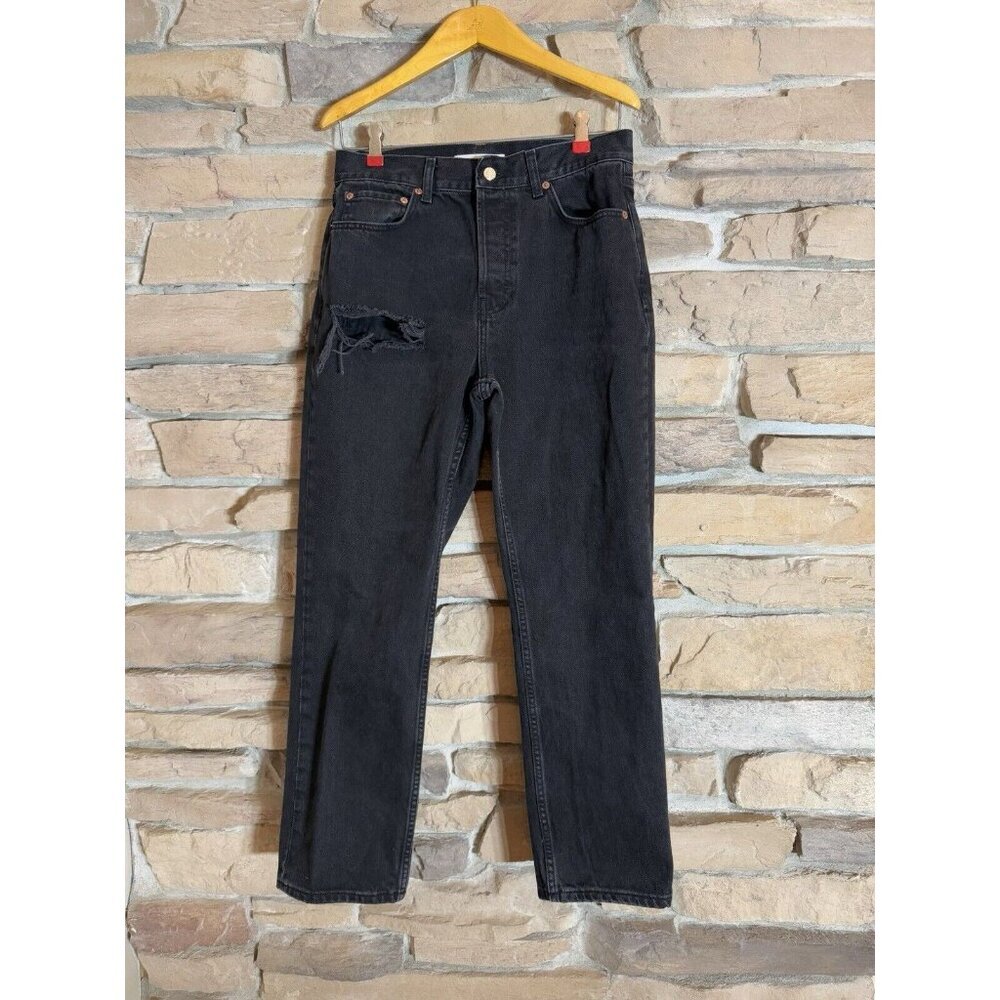 Topshop Womens Dad Jeans Sz 28 Black Mid Rise Straight Leg Distressed Button Fly